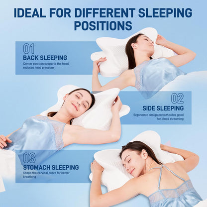 Cervical Neck Pillow for Sleeping, Dual Height Contour Memory Foam Pillow for Neck Pain Relief & Support, Orthopedic Butterfly Pillow for Side, Back & Stomach Sleepers – Cooling Washable Cover (white)