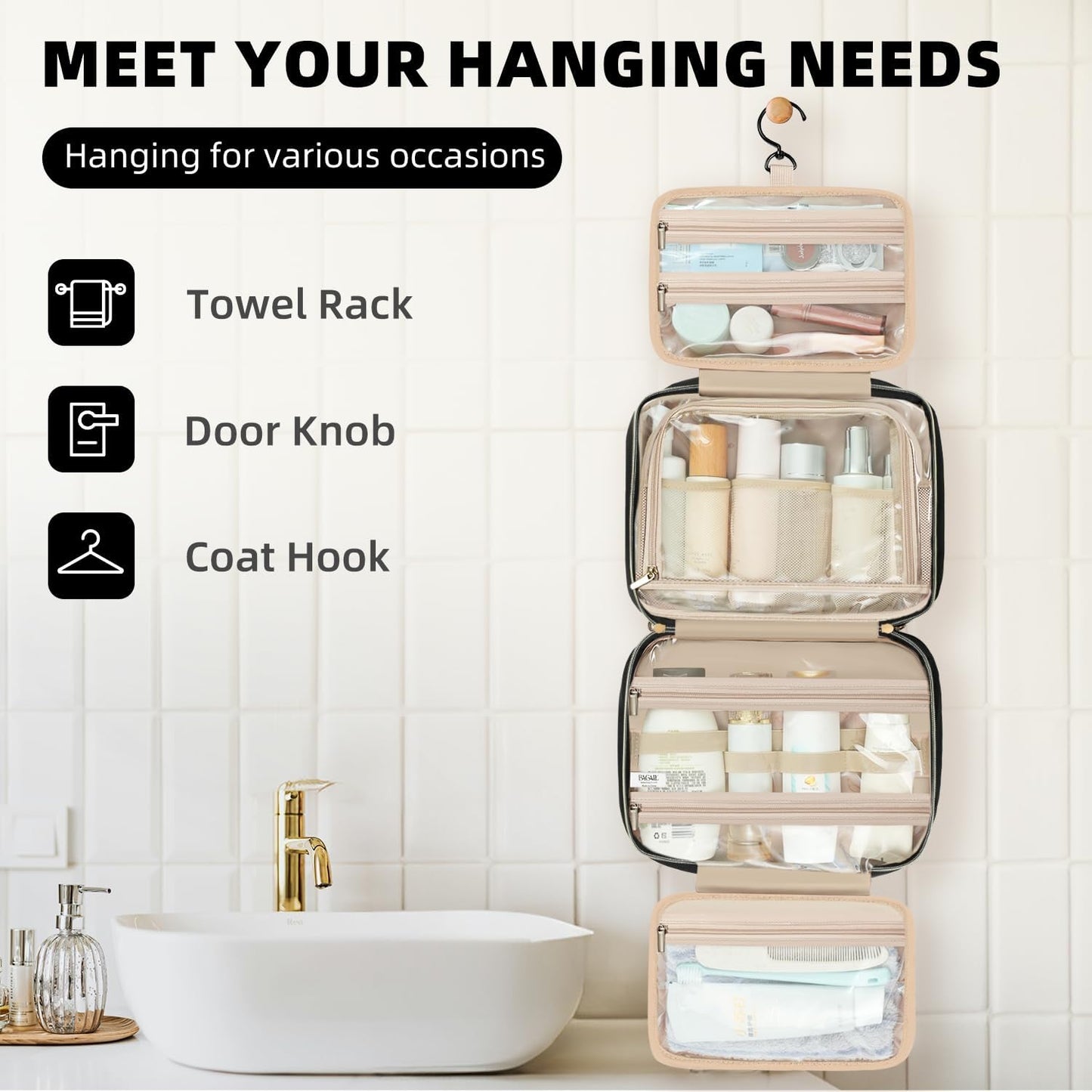 BAGAIL Hanging Toiletry Bag for Women Water-resistant Cosmetic Bag Large Capacity Travel Makeup Organizer for Full-Sized Travel Essentials(Standard, Black)