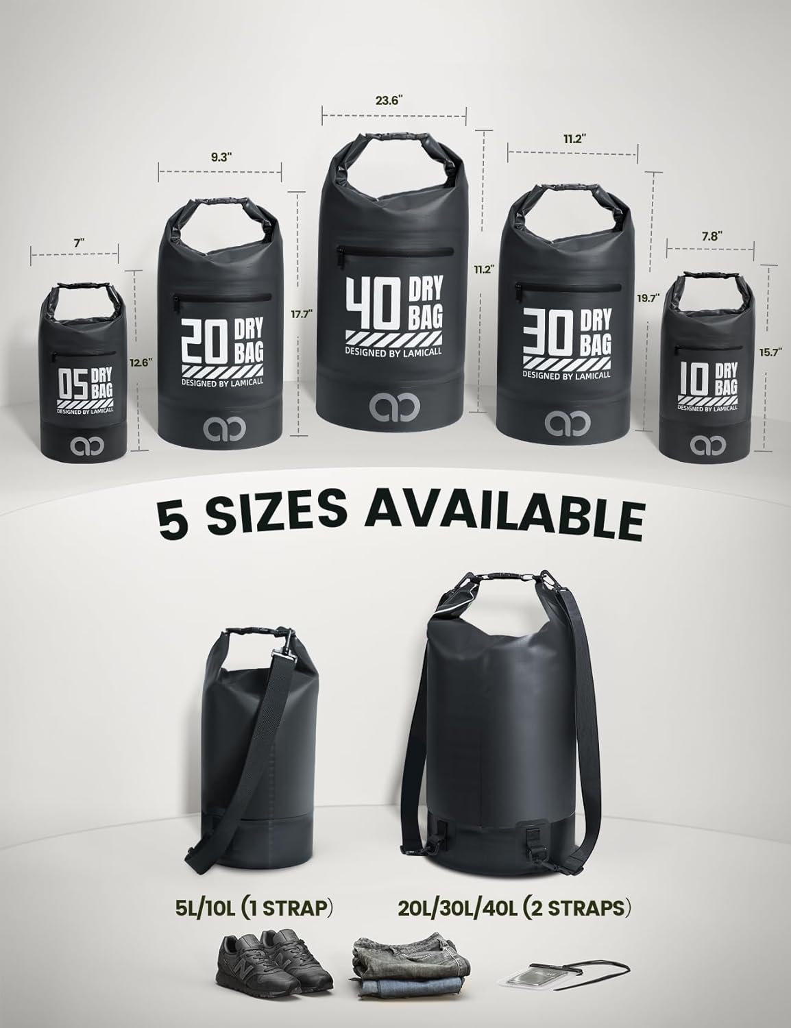 Lamicall Dry Bag Waterproof Backpack - [Zippered Pocket] 5L/10L/20L/30L/40L Roll Top Waterproof Bag with Water Proof Phone Pouch, Floatable Drybag for Swimming, Boating, Kayaking, Camping, Beach