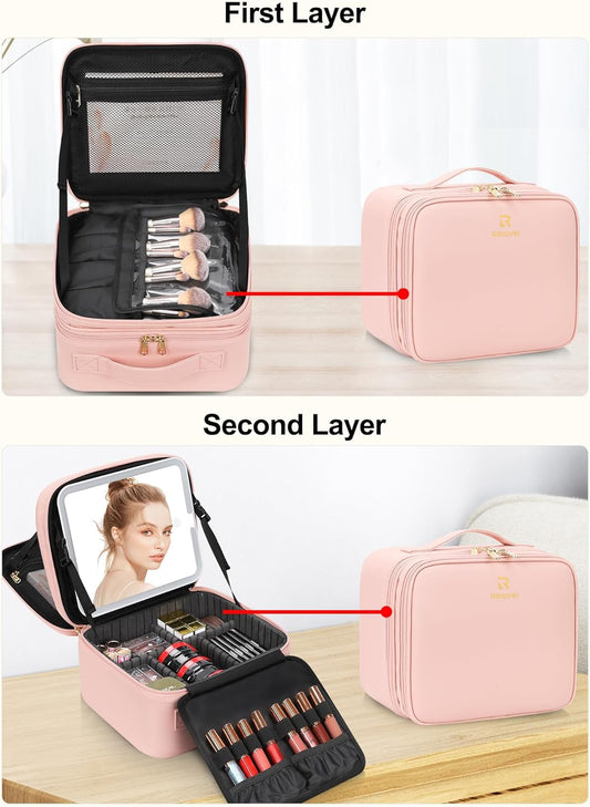 Travel Makeup Bag with LED Mirror Double Layer Makeup Case with Lighted Mirror Dual Layer Cosmetic Train Case Portable Artist Organizer Bag with Dividers and Rechargeable Vanity (Pink, Small)