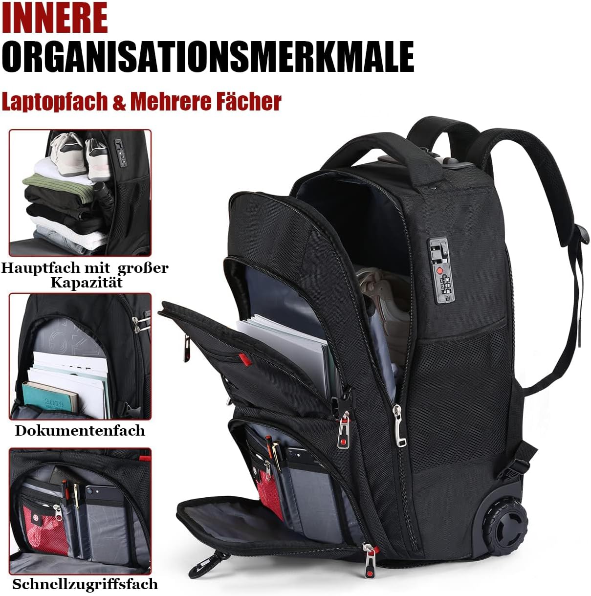 Extra Large Rolling Backpack with Wheels - Water-Resistant, 18" Laptop Compartment, 22.5"x15"x10", 55L Capacity, Ideal Carry-On for Weekend Travel, College, Work - Wheeled Business Backpack for Adults