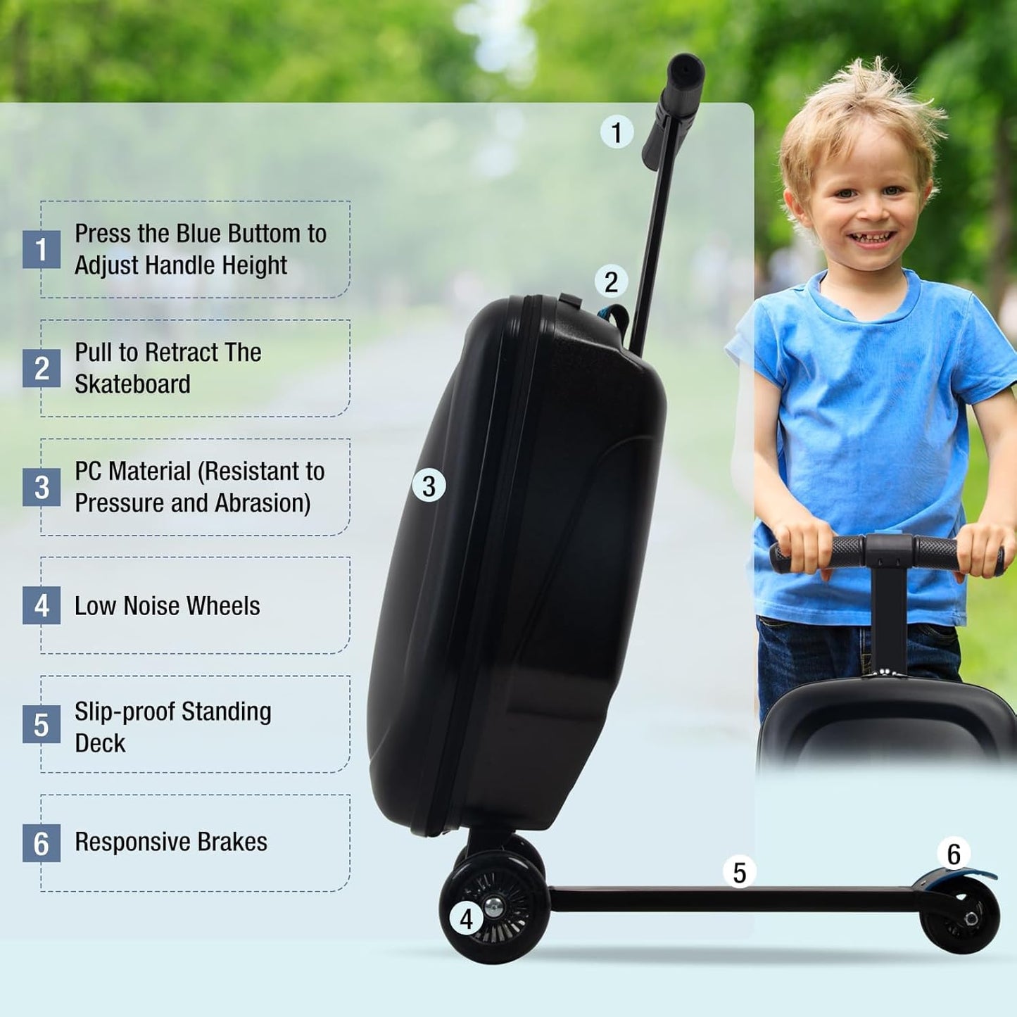 20" Scooter Suitcase for Kids, 2-in-1 Ride On Luggage with Wheels for Boys & Girls Ages 4-15, Foldable Hardshell Carry On Lightweight Travel Suitcase for Airplane