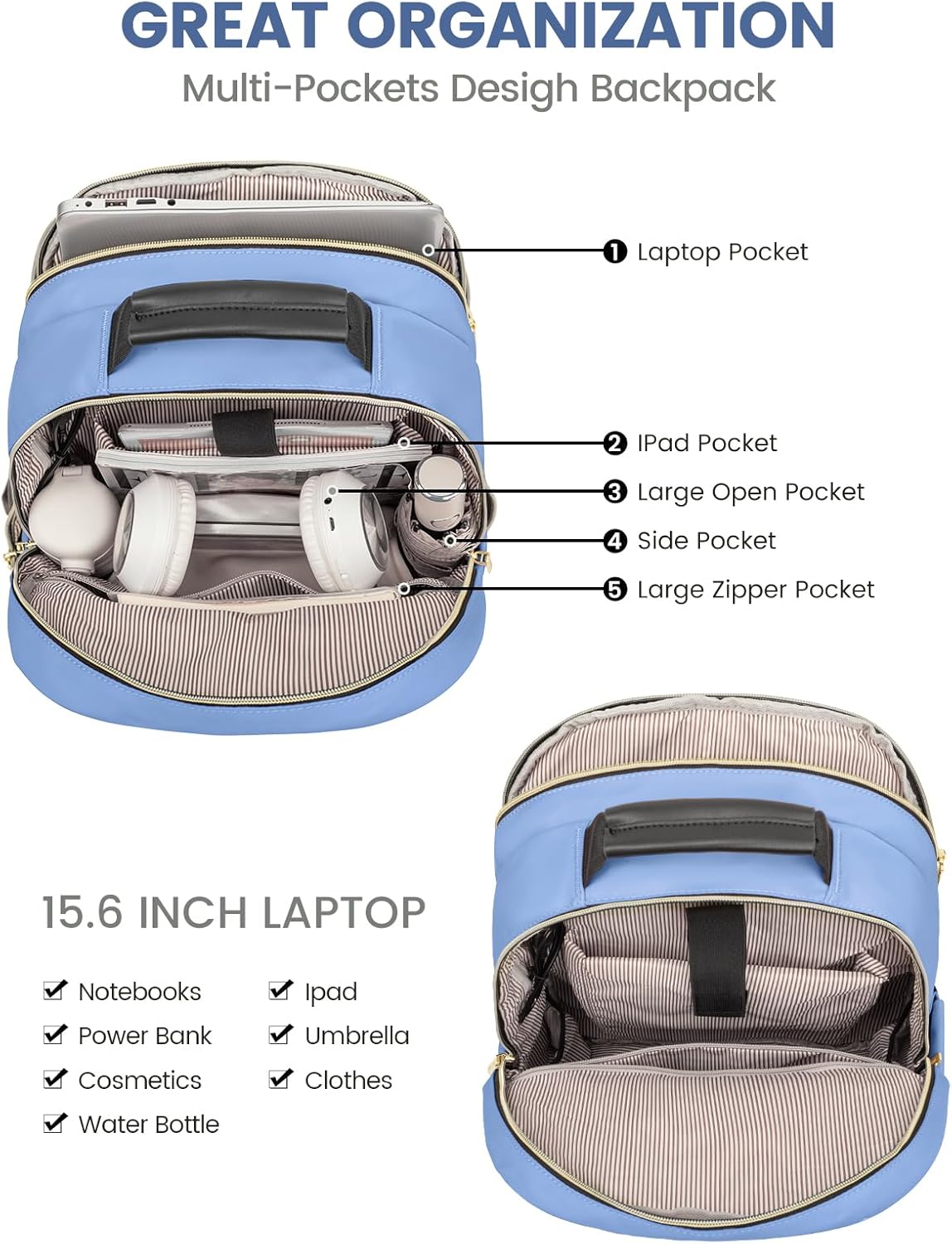 LOVEVOOK Laptop Backpack Purse for Women, Work Business Travel Computer Bags, College Nurse Backpack for Womens, Quilted Casual Daypack with USB Port, Fit 15.6 Inch Laptop, Blue