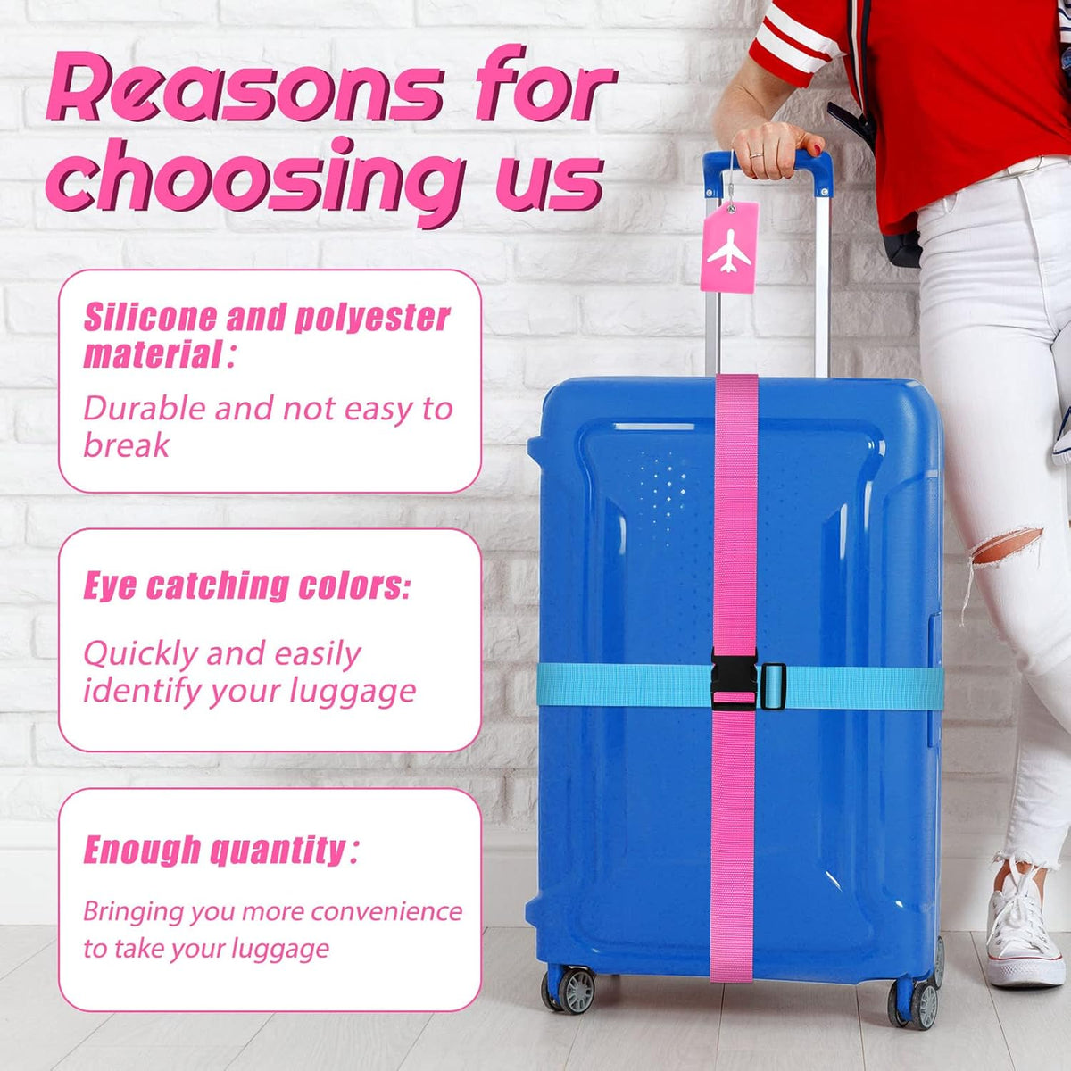 Weewooday 8 Pcs Luggage Straps Suitcase Tags Set for TSA Approved, 4 Travel Adjustable Suitcase Belt, 4 Silicone Luggage Tags with Name ID Card Travel Accessories(Pink, Light Blue,Airplane)