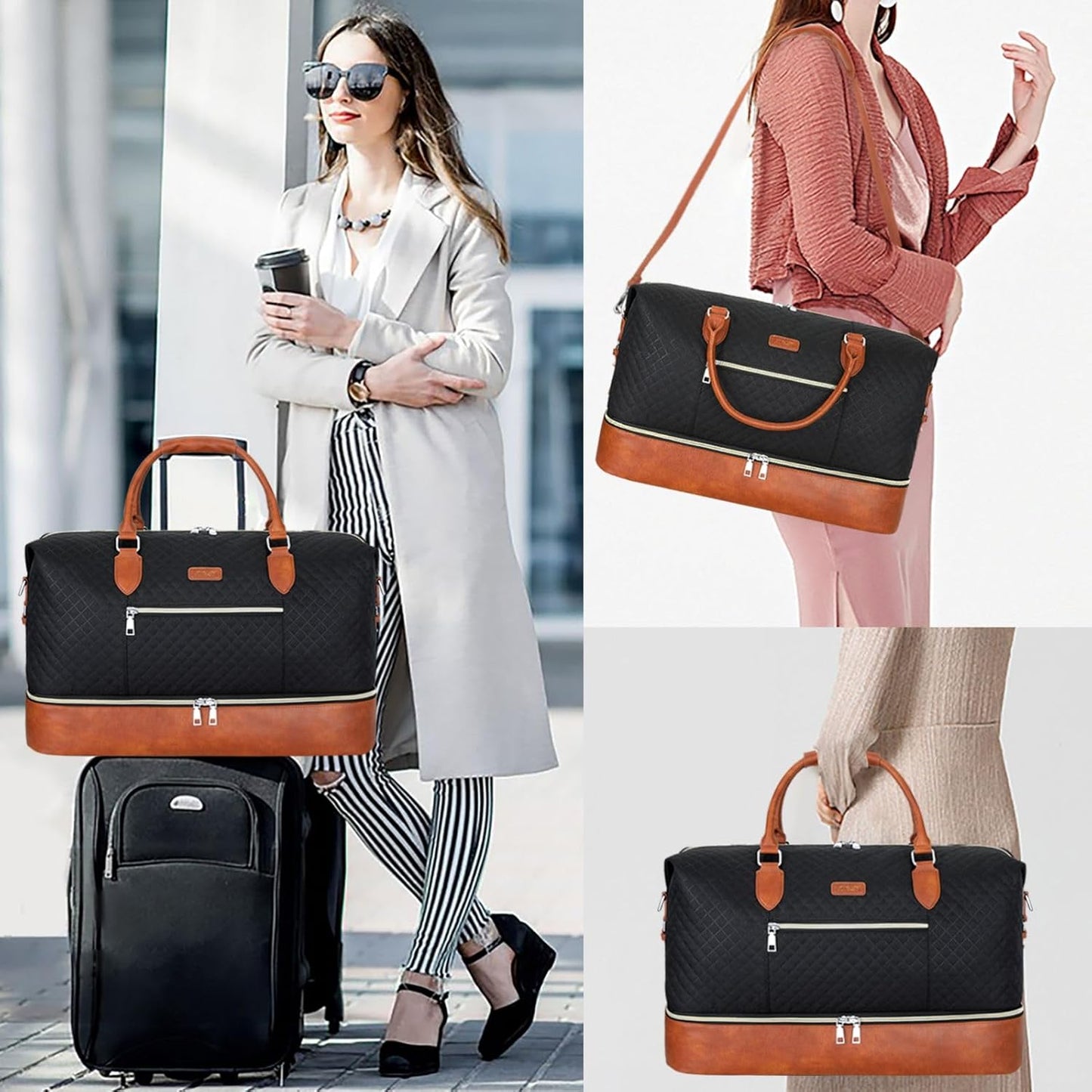 Weekender Bag for Women, Travel Duffel Bag Carry On Overnight Bag with Shoe Compartment Large Nylon Travel Weekend Tote Bag