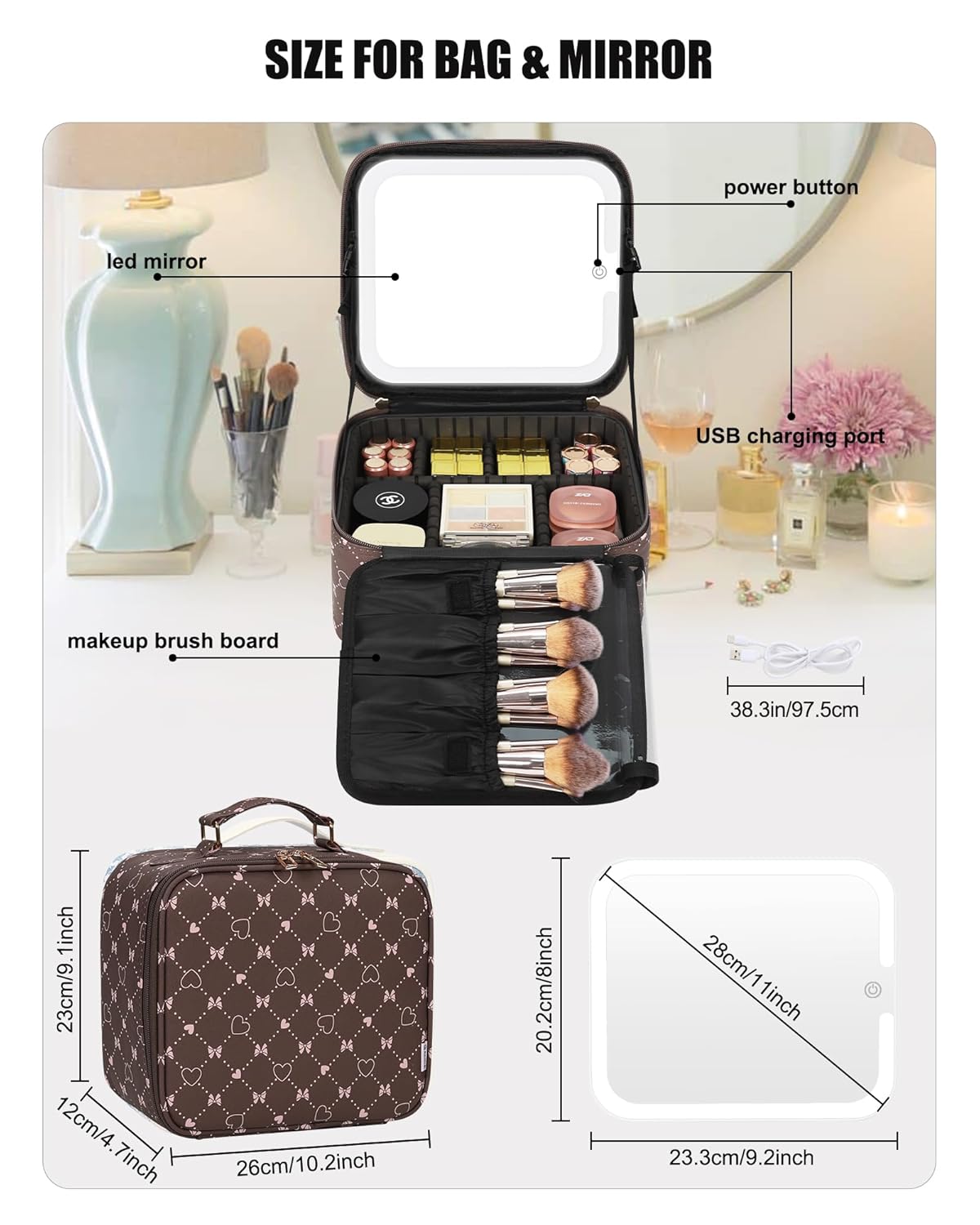 Relavel Travel Makeup Bag With LED Mirror, Portable Cosmetic Organizer Bag with Adjustable Brightness in 3 Color Scenarios, Small Train Case with Detachable Dividers for Trip- Brown Bowknot