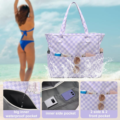 LEDAOU Large Beach Tote Bag Women Waterproof Sandproof Zipper Beach Tote Bag for Pool Gym Grocery Travel with Wet Pocket