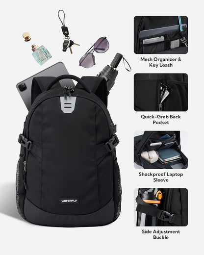 WATERFLY Small Casual Travel Backpack: 20L for Men Women Work Commuter Everyday EDC Daypack Hiking Gym Sport Workout Black