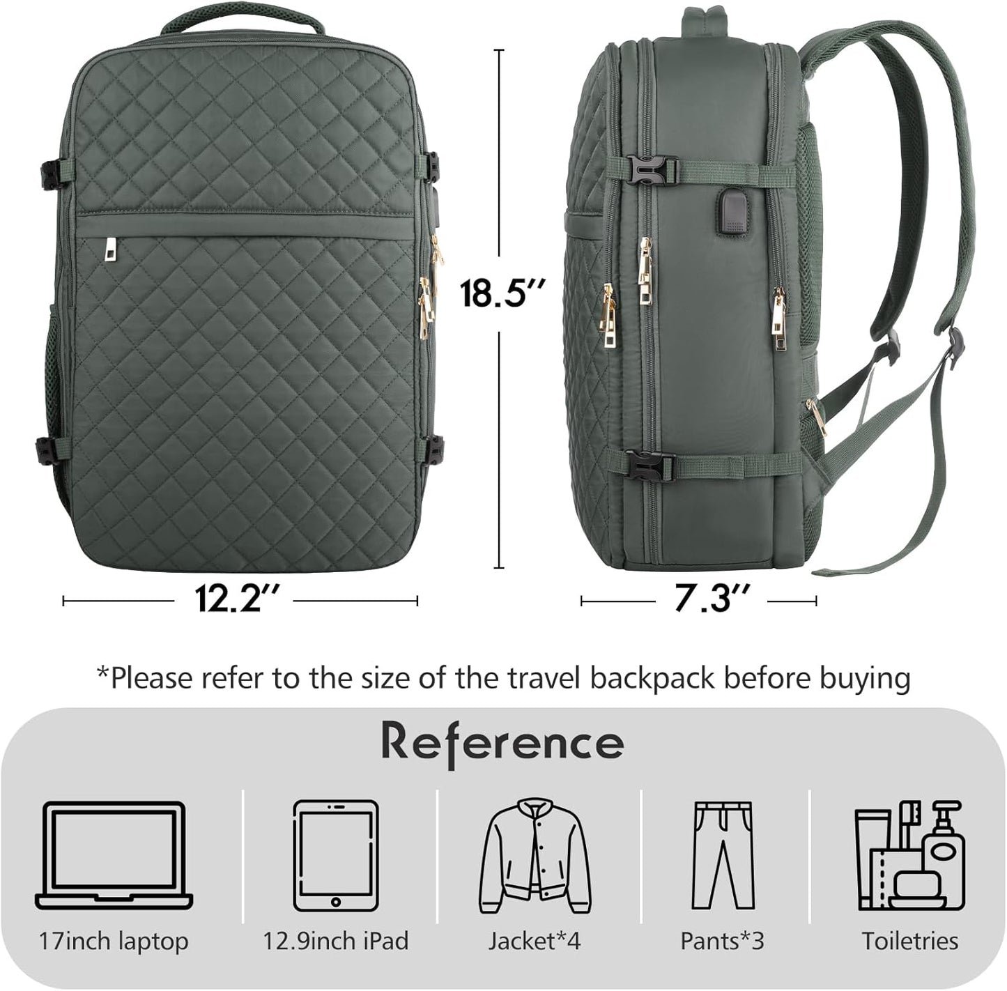 MOMUVO Large Travel Backpack Women, Flight Approved Carry On Backpack, Water Resistant Anti-Theft Large Casual Daypack Fit 17 Inch Laptop with USB Charging Port, Olive Green