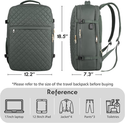 MOMUVO Large Travel Backpack Women, Flight Approved Carry On Backpack, Water Resistant Anti-Theft Large Casual Daypack Fit 17 Inch Laptop with USB Charging Port, Olive Green