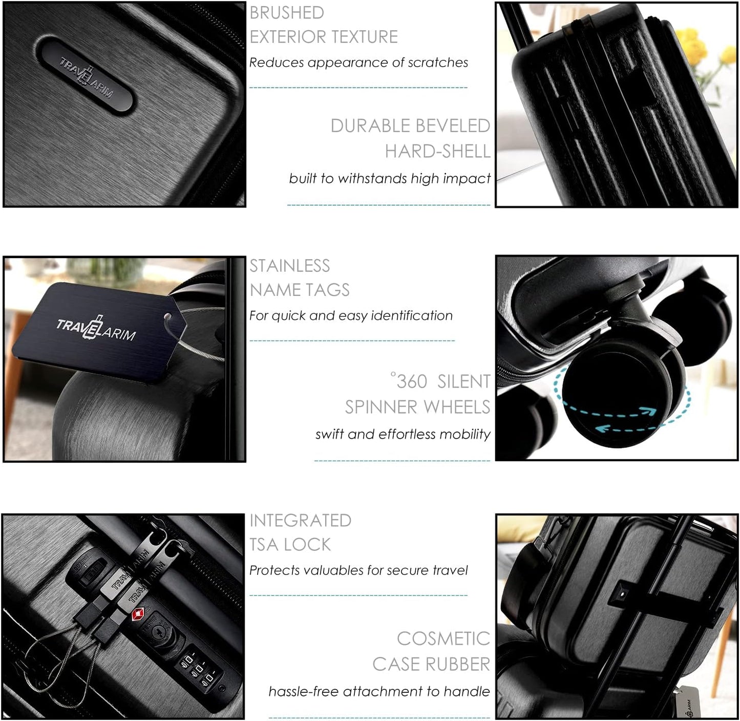 22 Inch Carry On Luggage 22x14x9 Airline Approved, Carry On Suitcase with Wheels, Hard-shell Carry-on Luggage, Durable Luggage Carry-On, Black Small Suitcase with Cosmetic Case