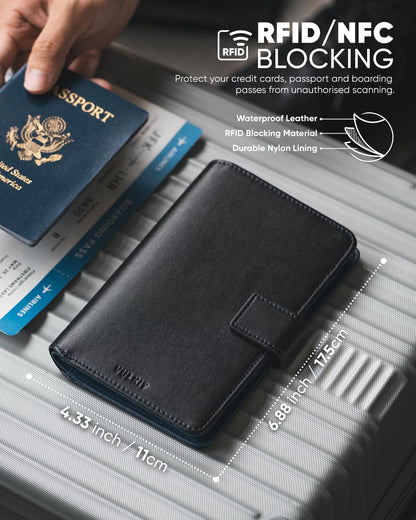 VULKIT Passport Holder with Airtag Holder RFID Blocking Passport Wallet Travel Leather Passport for Women(Black Navy)