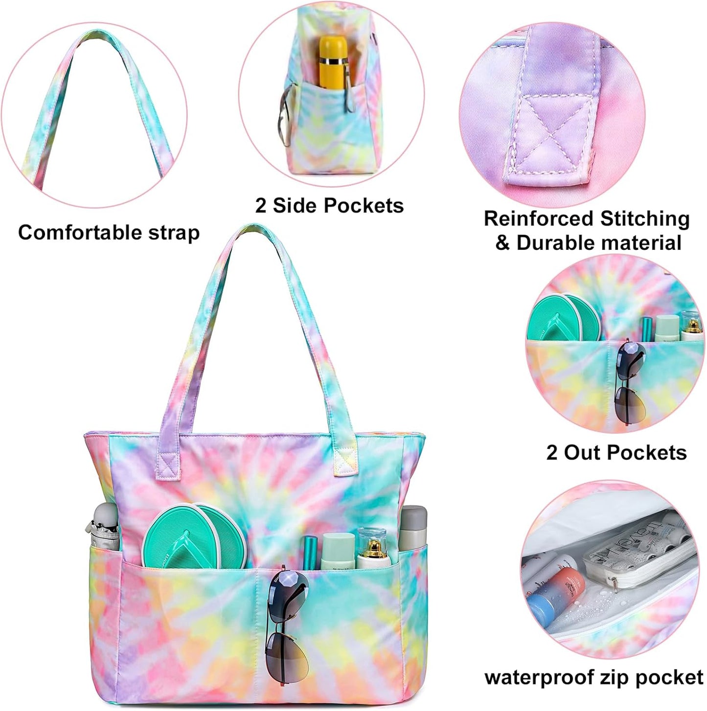 CAMTOP Waterproof Beach Tote Bag for Women Girls with Zipper Foldable Sandproof Pool Swim Bag Travel Carry On Gym