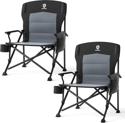 EVER ADVANCED Oversized Folding Camping Chair for Adults, Heavy Duty Lawn Chair with Side Pockets, Portable Collapsible Quad Chair for Outside, Support Up to 500lbs, Black 2PACK