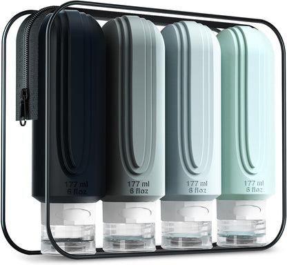 Travel Bottles for Toiletries, Large 6oz Oversize Containers, BPA Free Leak Proof Tubs Refillable Liquid Traveler Accessories with Toiletry Bag for Cometic Shampoo and Lotion Soap (4 Pack)