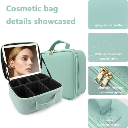 Travel Makeup Bag with LED Lighted Mirror, Travel Makeup Organizer,3 Color Setting Cosmetic Makeup Box, Adjustable Dividers and Brush Holder（light green）
