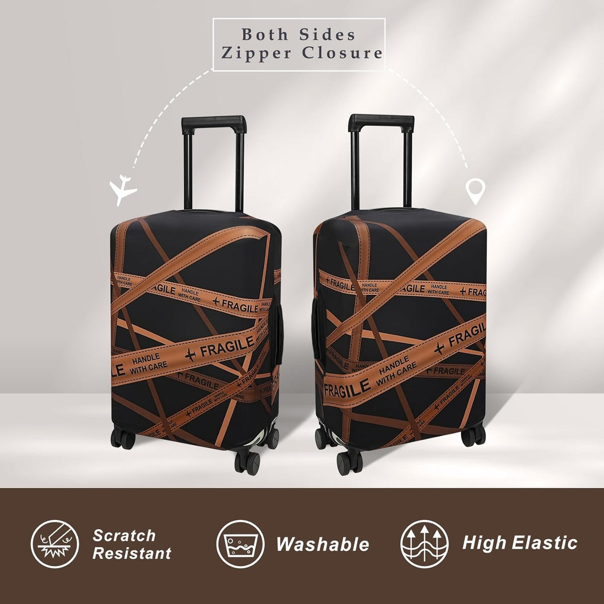 Explore Land Travel Luggage Cover Suitcase Protector Fits 23-26 Inch Case (Gold Fragile, M)