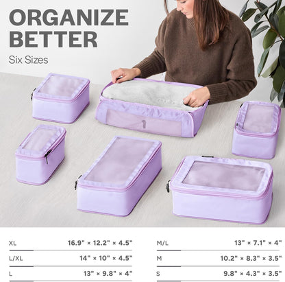 Compression Packing Cubes for Travel - Luggage Organizer Bags - Double Zipper Packing Cubes for Suitcases (6-Pack, Purple)