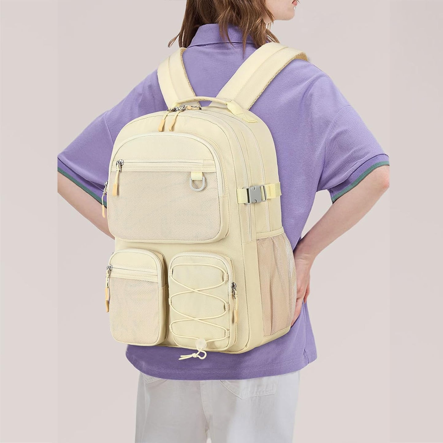 Lohol Water Resistant Backpack with Mulitiple Pockets for Travel Outdoor College, 15.6 inch Laptop Bookbag for Girl and Women (Beige)