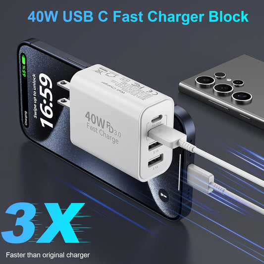 USB C Fast Charger Block, iPhone Charger Fast Charging Blocks 40W Multi Port Charger 4-Ports PD & QC Charging Cube Brick Power Adapter Type C Wall Chargers for iPhone 17/16/15/14/13/12 Pro Max, iPad