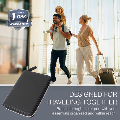 Full Grain Leather Family Passport Holder for 2-4 Passports - RFID Passport Holder and Travel Document Organizer - Large Leather Travel Wallet for Couples and Families - Black