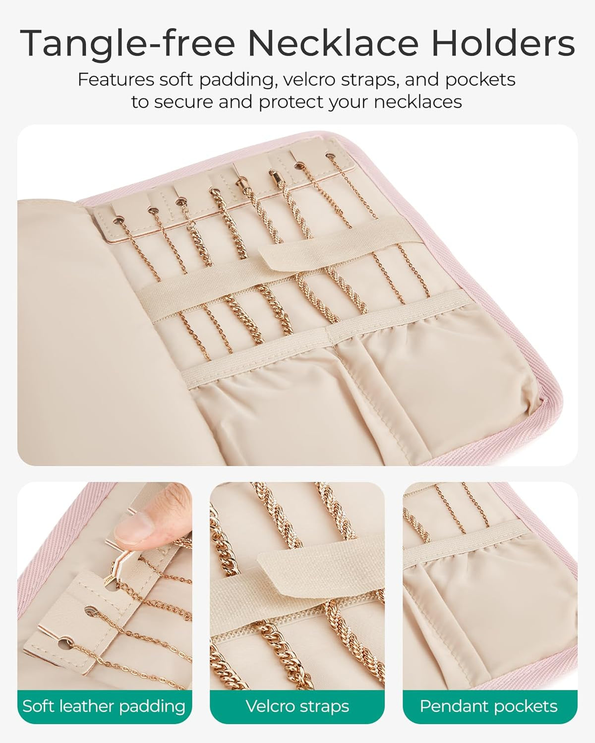 BAGSMART Travel Jewelry Organizer Case, Foldable Jewelry Roll for Necklaces, Earrings, Journey-Rings, Bracelets, Brooches, Portable, Pink