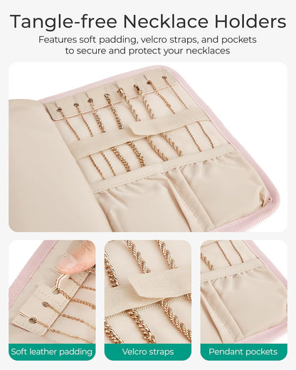 BAGSMART Travel Jewelry Organizer Case, Foldable Jewelry Roll for Necklaces, Earrings, Journey-Rings, Bracelets, Brooches, Portable, Pink
