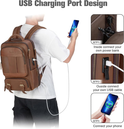 Tzowla Leather Laptop Backpack, Bag for Men and Women,Business Travel Work Rucksack Fits 15.6 Inch Laptop, Bookbag with USB and Type-C Charging Port-Brown