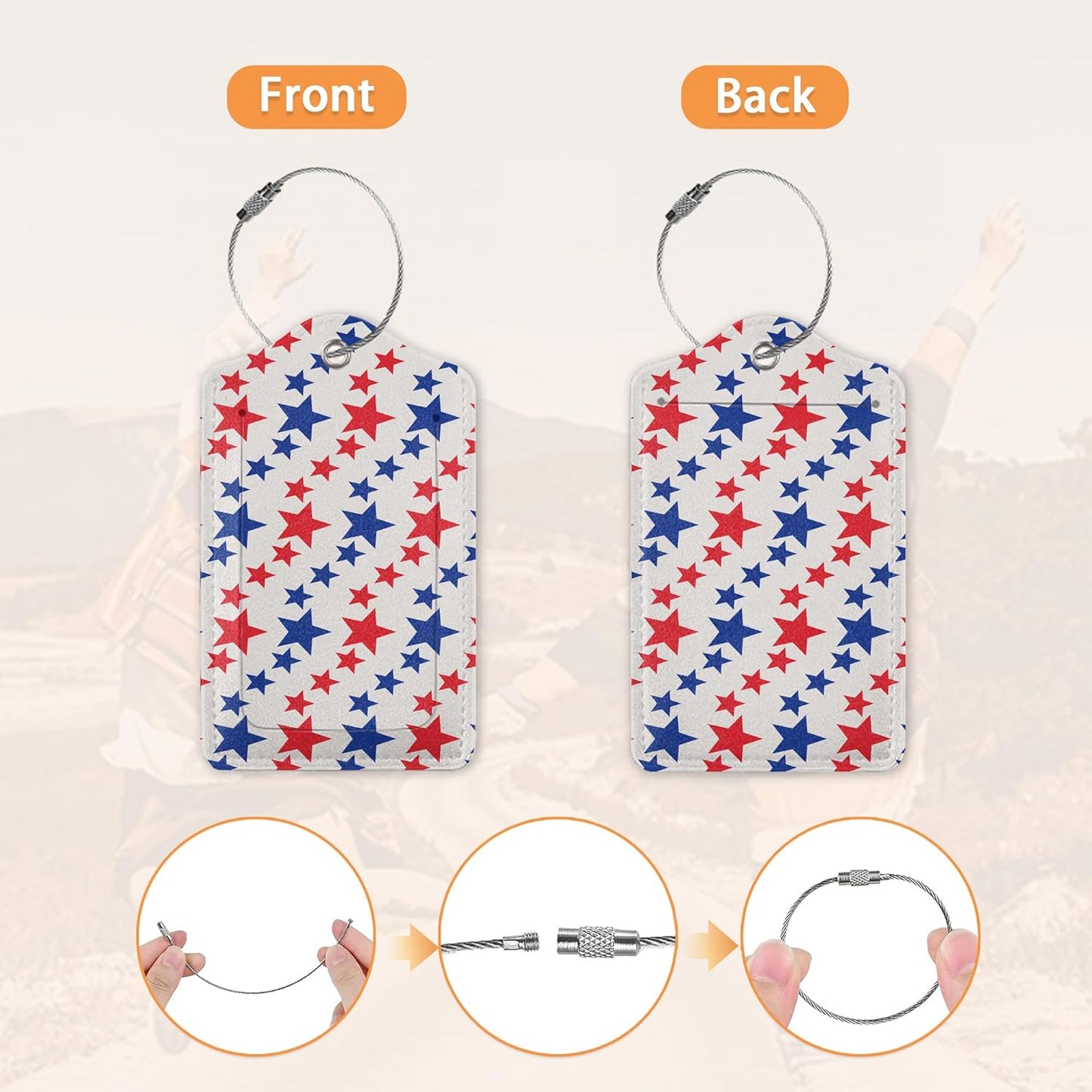 American Patriotic Stars Luggage Tags Bag Tag with Privacy Cover Name Id Card Stainless Steel Loop Suitcase Labels Pu Leather USA Flag Baggage Tags for Travel,2 Pcs