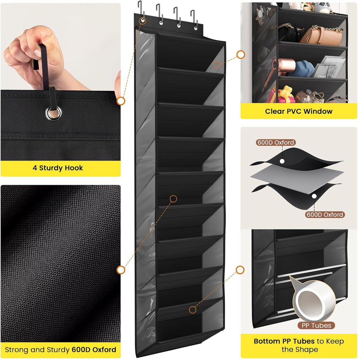 Over the Door Shoe Organizer for Closet, Shoes Rack with 10 Tier PVC Window Deep Pockets, Hanging Shoe Organizers for Boot Storage, Behind the Door Narrow Shoe Holder for Small Shoes, Black