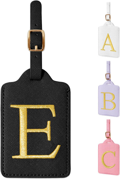 Personalized Initial Luggage Tags for Suitcase TSA Approved, Black Leather Cute Luggage Tag with Privacy Cover Name Card, Embroidered Custom Luggage Tags Travel Backpack Tags Gifts for Women Kids(E)