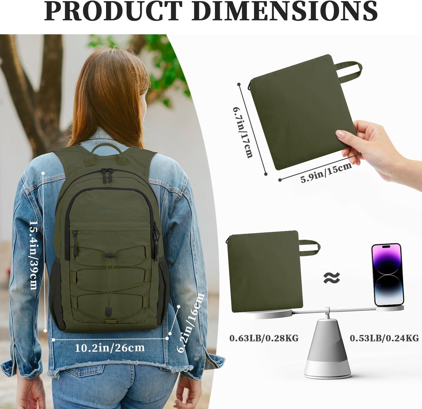 ZOMFELT Hiking Backpack for Women Men, 15L Lightweight Packable Backpacks for Trip, Water Resistant Small Travel Backpack, Foldable daypack for Hiking, Walking, Cycling, Camping, Green