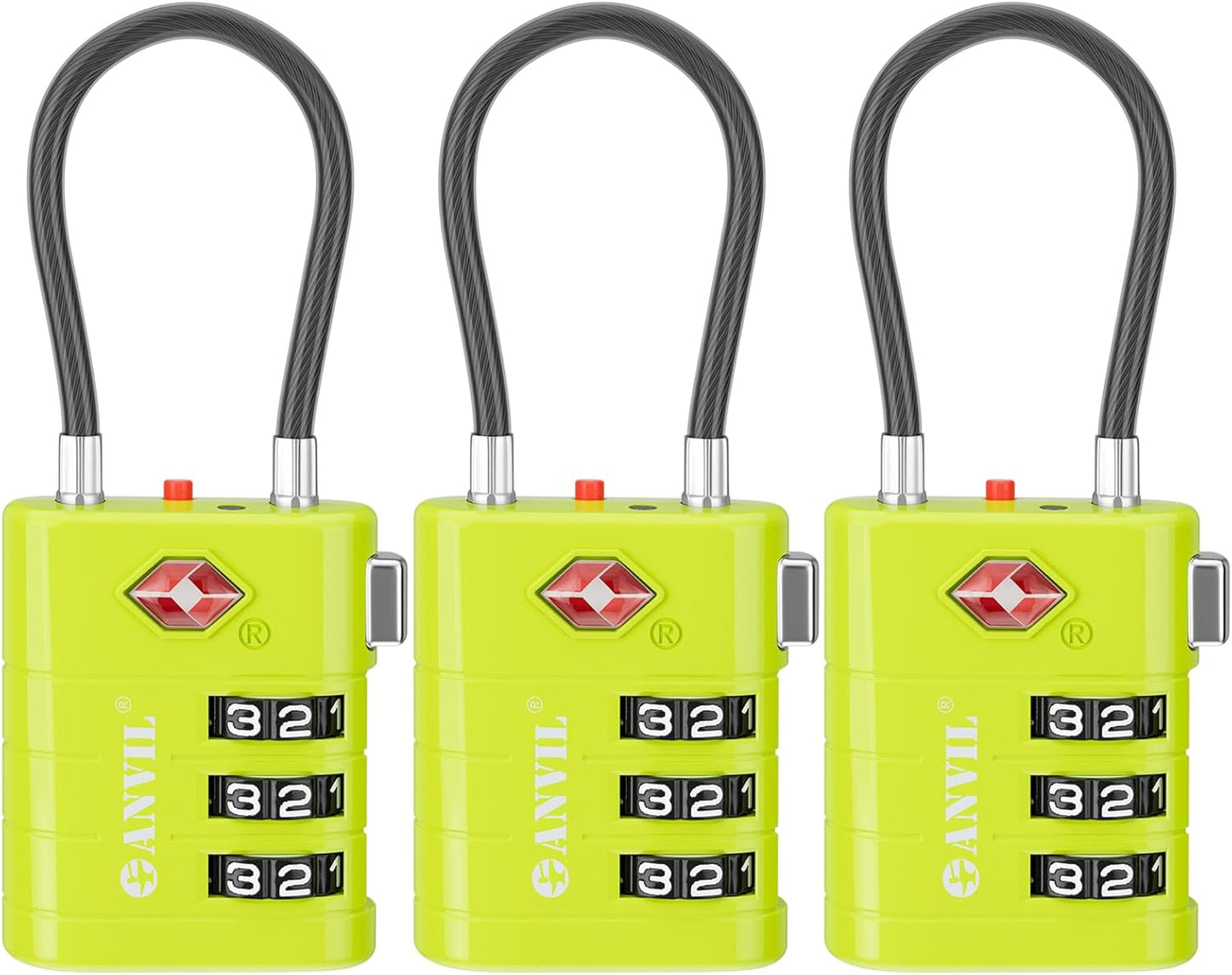 ANVIL TSA Approved Luggage Locks – High Security TSA008 Combination Travel Locks with Inspection Indicator for Suitcases and Backpacks. (3, Grass Green)