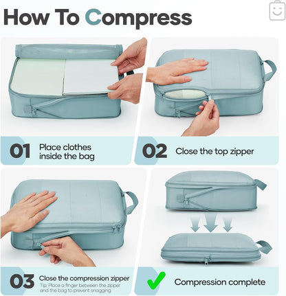 Veken 11 Set Compression Packing Cubes for Travel Essentials,Compressible Expandable Large Luggage Suitcase Organizer Bags for Clothing,Durable Space Saver Storage Bags with Toiletry Bags(Blue Gray)