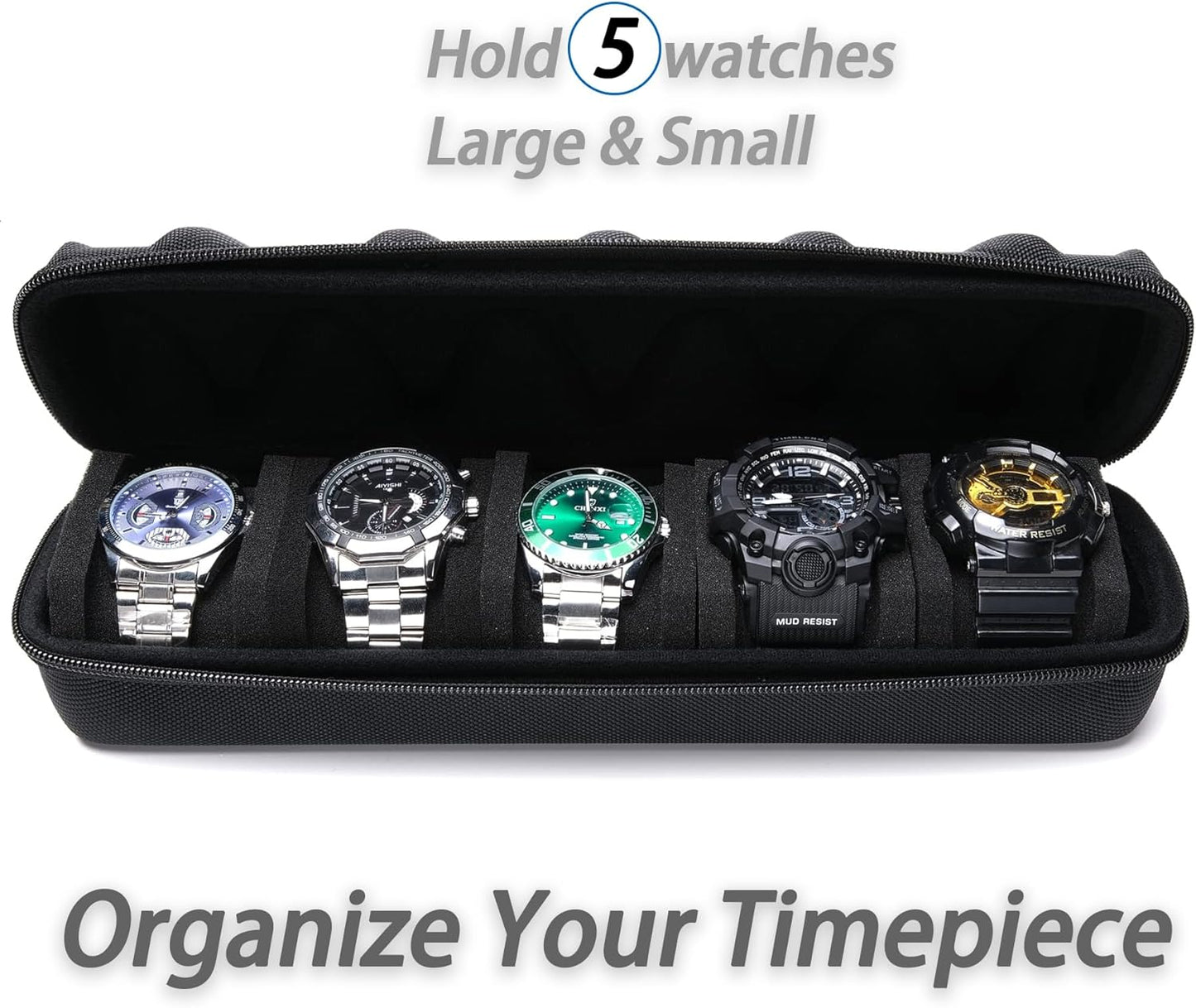 5 slots Hard men's watch travel case, Portable zipper storage organizer box with soft compressible foam pillow to fit large and small watches(Black, 5slot)