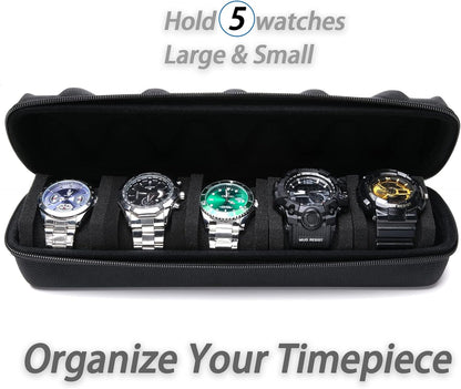 5 slots Hard men's watch travel case, Portable zipper storage organizer box with soft compressible foam pillow to fit large and small watches(Black, 5slot)