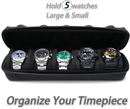 5 slots Hard men's watch travel case, Portable zipper storage organizer box with soft compressible foam pillow to fit large and small watches(Black, 5slot)