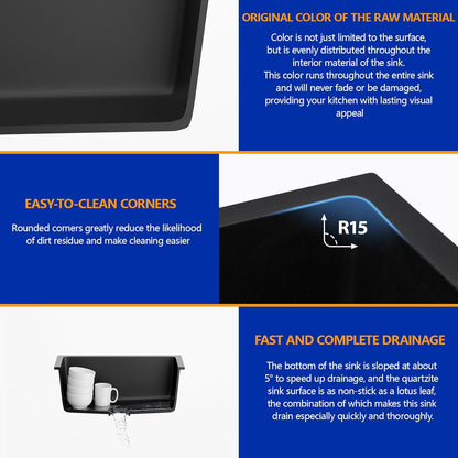 Dcolora 22 Inch Quartz Composite Bar Sink Black Undermount Small Granite Composite Kitchen Sink Prep RV Single Bowl Under Counter, Round Corner, 22"x17", DC-GU7747