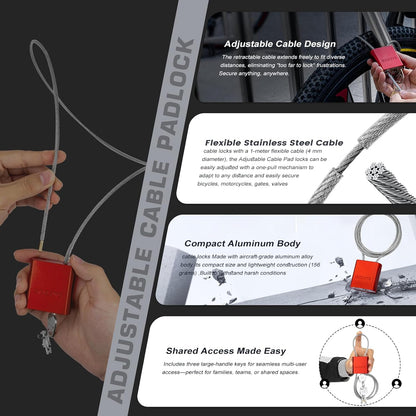 Adjustable Cable Locks with 3 Keys | 6.56ft L x 1/6in D Aluminum Steel Cable Padlock for Bikes, Gate, Lockers & Outdoor Gear | Keyed Different & Red