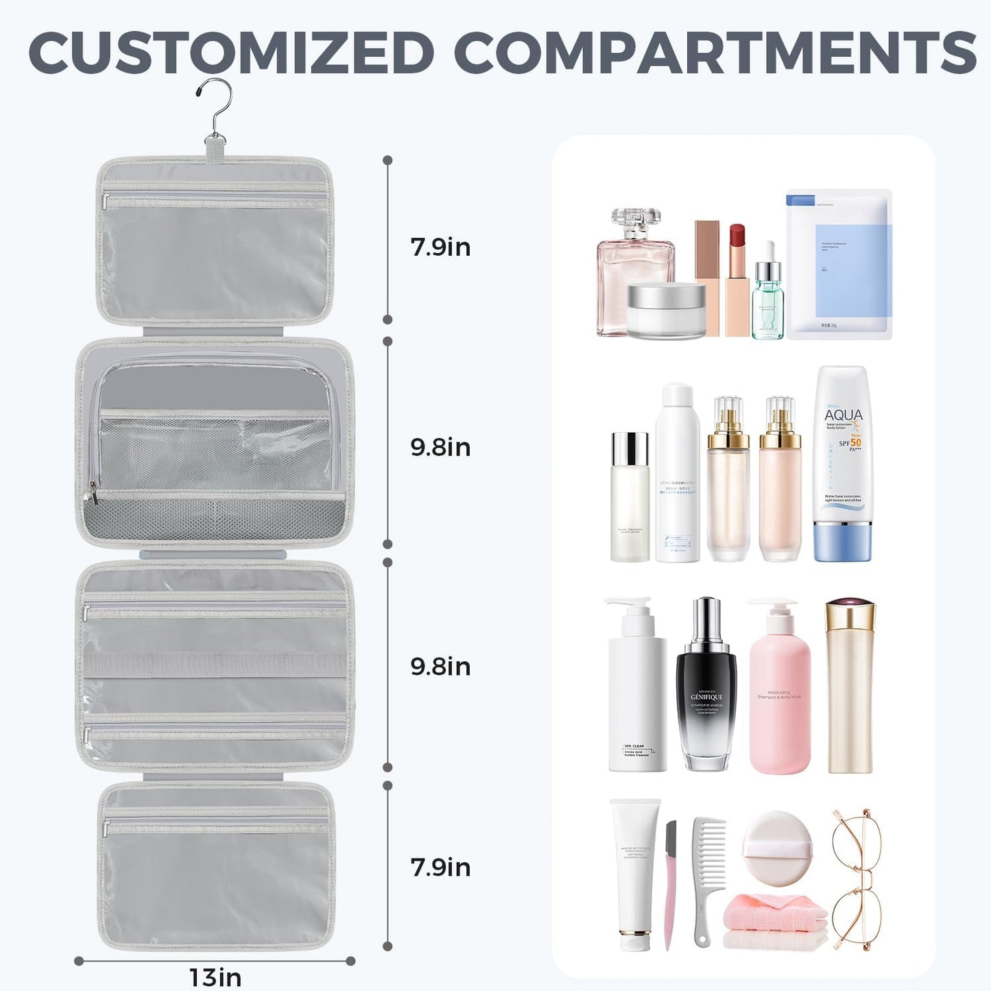 Toiletry Bag For women,Portable Hanging Organizer,4 Leakproof Compartment for full-sized Conditioner, Brushes Set, Makeup Accessories,Visible and easy to access.L-blue