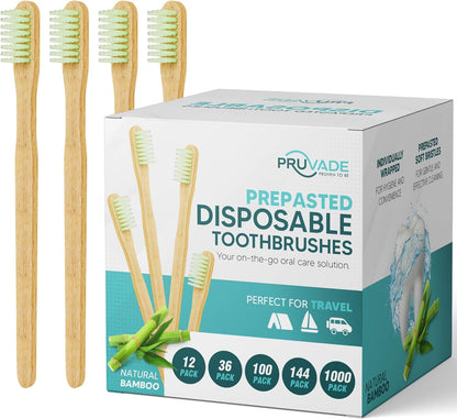 12 Pack Disposable Bamboo Toothbrushes with Toothpaste Built in - Prepasted Toothbrushes Individually Wrapped - Single Use Waterless Tooth Brush with Soft Bristles for Hotel, Camping, Travel
