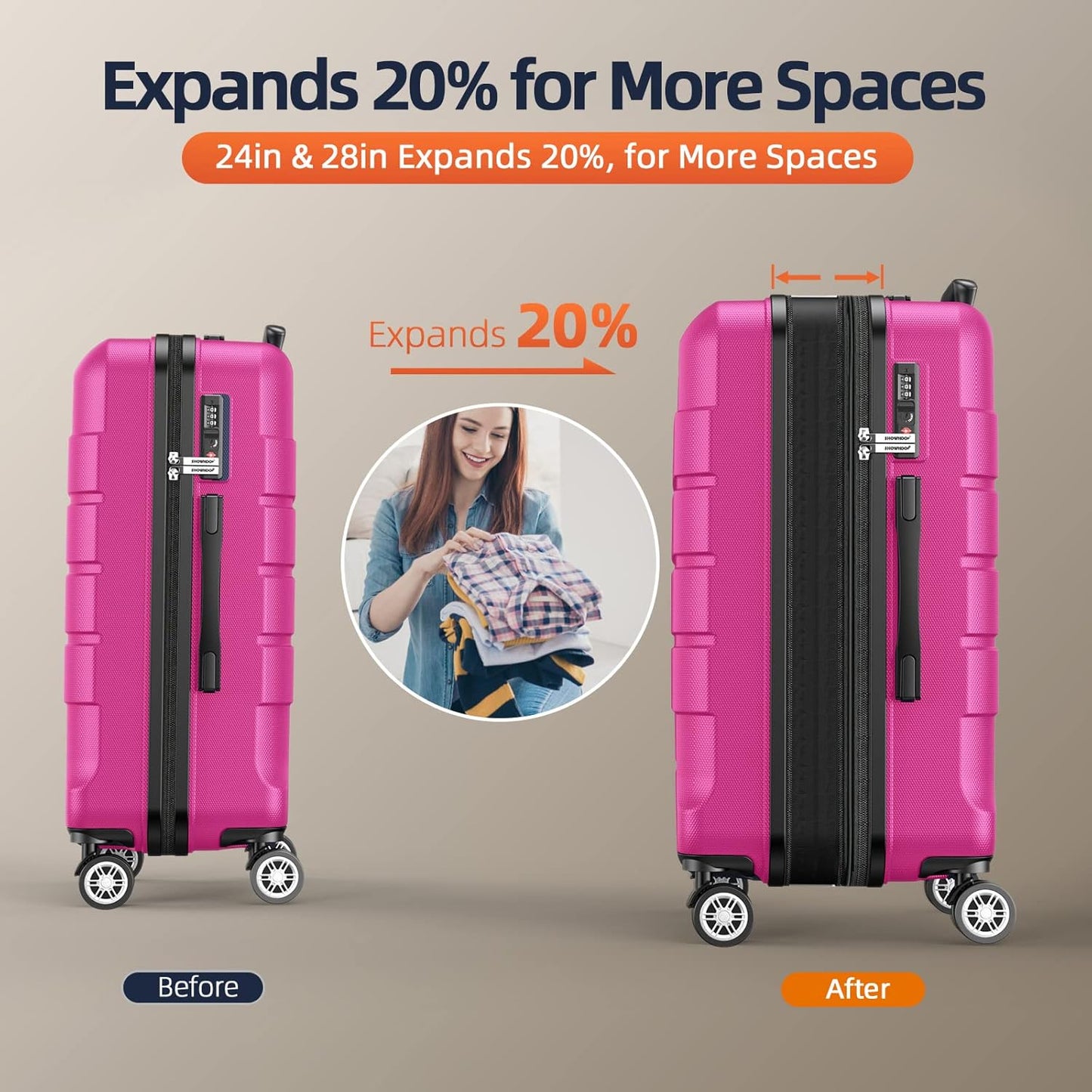 SHOWKOO Luggage Sets Expandable PC+ABS Durable Suitcase Sets Double Wheels TSA Lock Megenta 3pcs