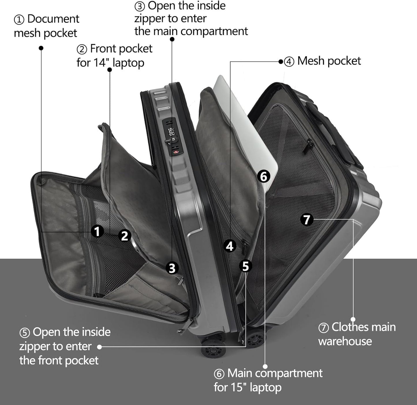 TydeCkare 16" Carry on Luggage with 2 Laptop Compartments, Lightweight Hardshell ABS+PC Suitcase with Dual Control TSA Lock, with YKK Zipper, 4 Spinner Silent Wheels, for Business Travel, Silver Grey