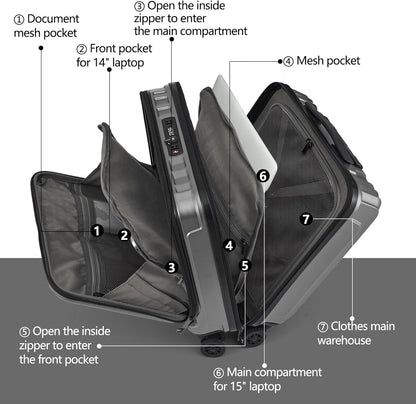 TydeCkare 16" Carry on Luggage with 2 Laptop Compartments, Lightweight Hardshell ABS+PC Suitcase with Dual Control TSA Lock, with YKK Zipper, 4 Spinner Silent Wheels, for Business Travel, Silver Grey