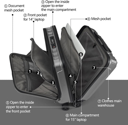 TydeCkare 16" Carry on Luggage with 2 Laptop Compartments, Lightweight Hardshell ABS+PC Suitcase with Dual Control TSA Lock, with YKK Zipper, 4 Spinner Silent Wheels, for Business Travel, Silver Grey