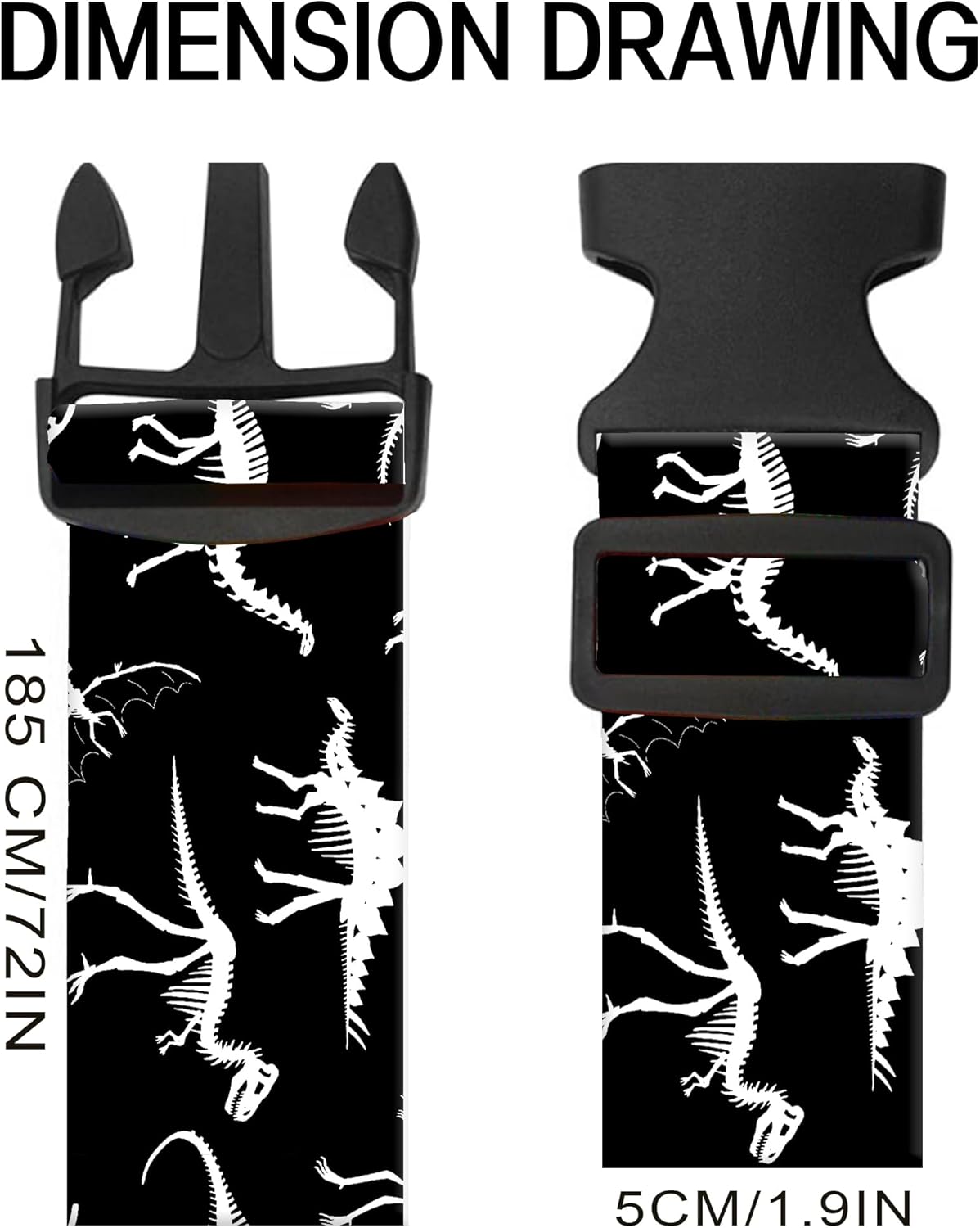 Luggage Straps for Suitcases, Adjustable Travel Belt, Durable Wide Luggage Strap, Cute Suitcase Strap Identifiers with Buckle, Bag Straps for Luggage, Black White Dinosaurs