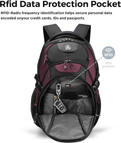 Swissdigital Design Laptop Backpack with USB Charging Port, TSA Travel Backpack Fits 15.6 inches Computer, 31L College School Backpack for Women, Burgundy/Black | SD803