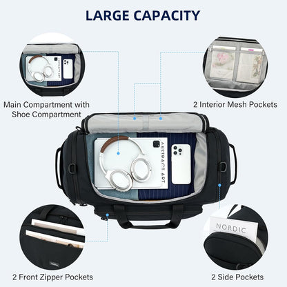Large Travel Duffle Gym Bag with Shoe Compartment, Underseat Carry On Luggage Overnight Weekender Personal Item Workout Bags for Women Men (Black)