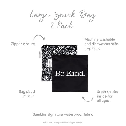 Bumkins Reusable Sandwich and Snack Bags, for Kids School Lunch and for Adults Portion, Washable Fabric, Waterproof Cloth Zip Bag, Travel Pouch, Food-Safe Storage, Large 2-pk Born This Way Be Kind
