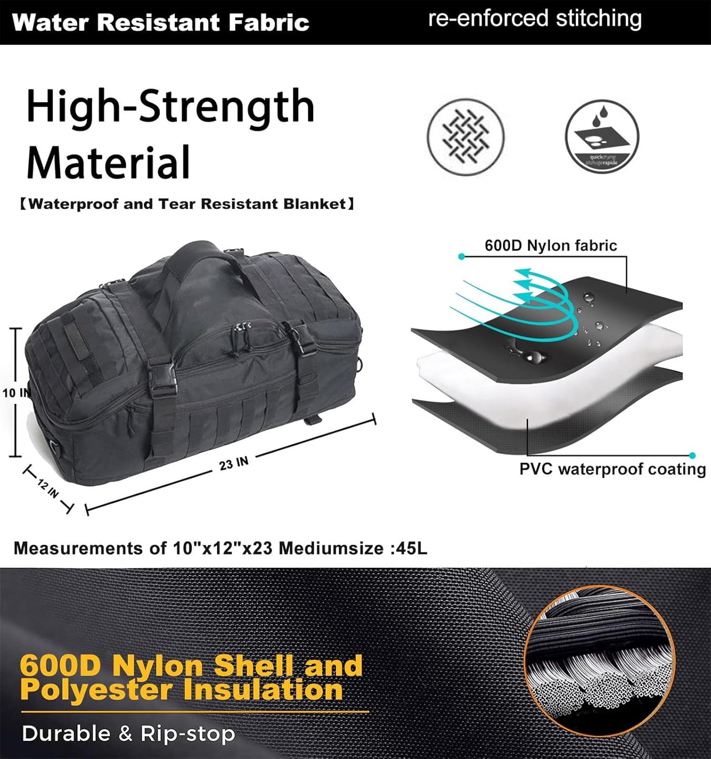 Gym Bag Duffle Bags Backpack - Travel Weekender Bag for Men Women Workout Bag for Military,Sports,Overnight,Basketball,Tactical,Football,Waterproof & Tear Resistant